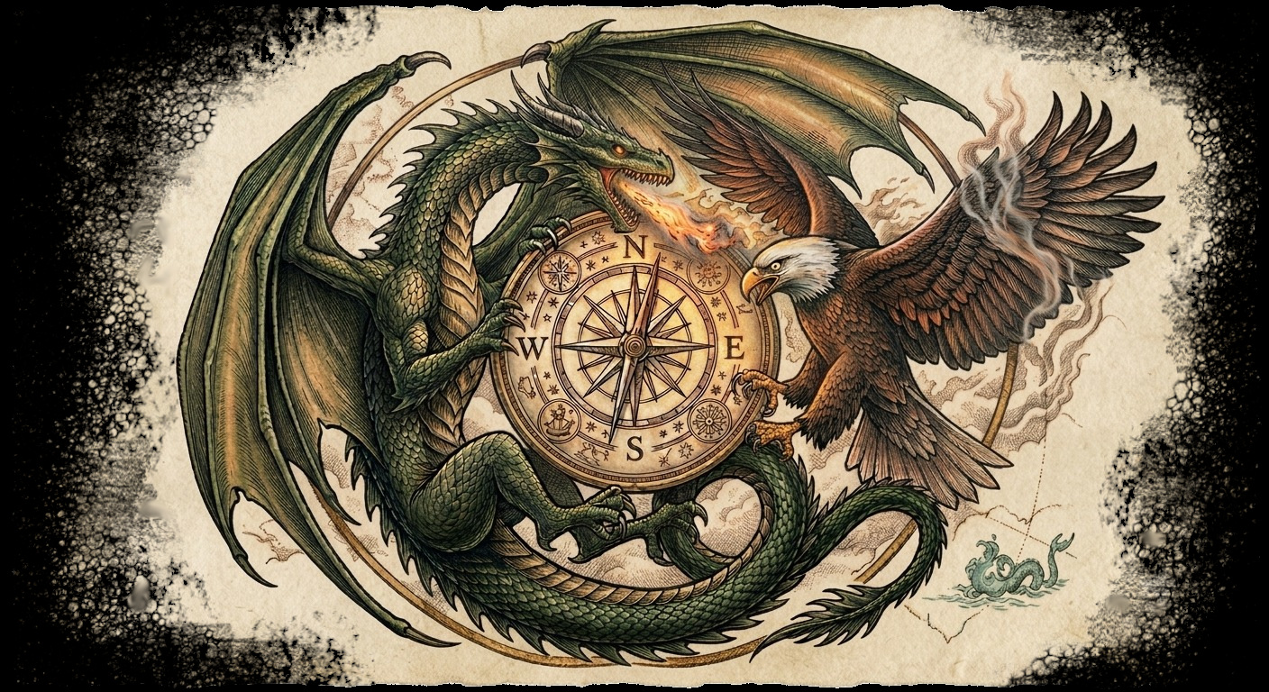 Eagle and dragon entwined around a compass, pointing True North