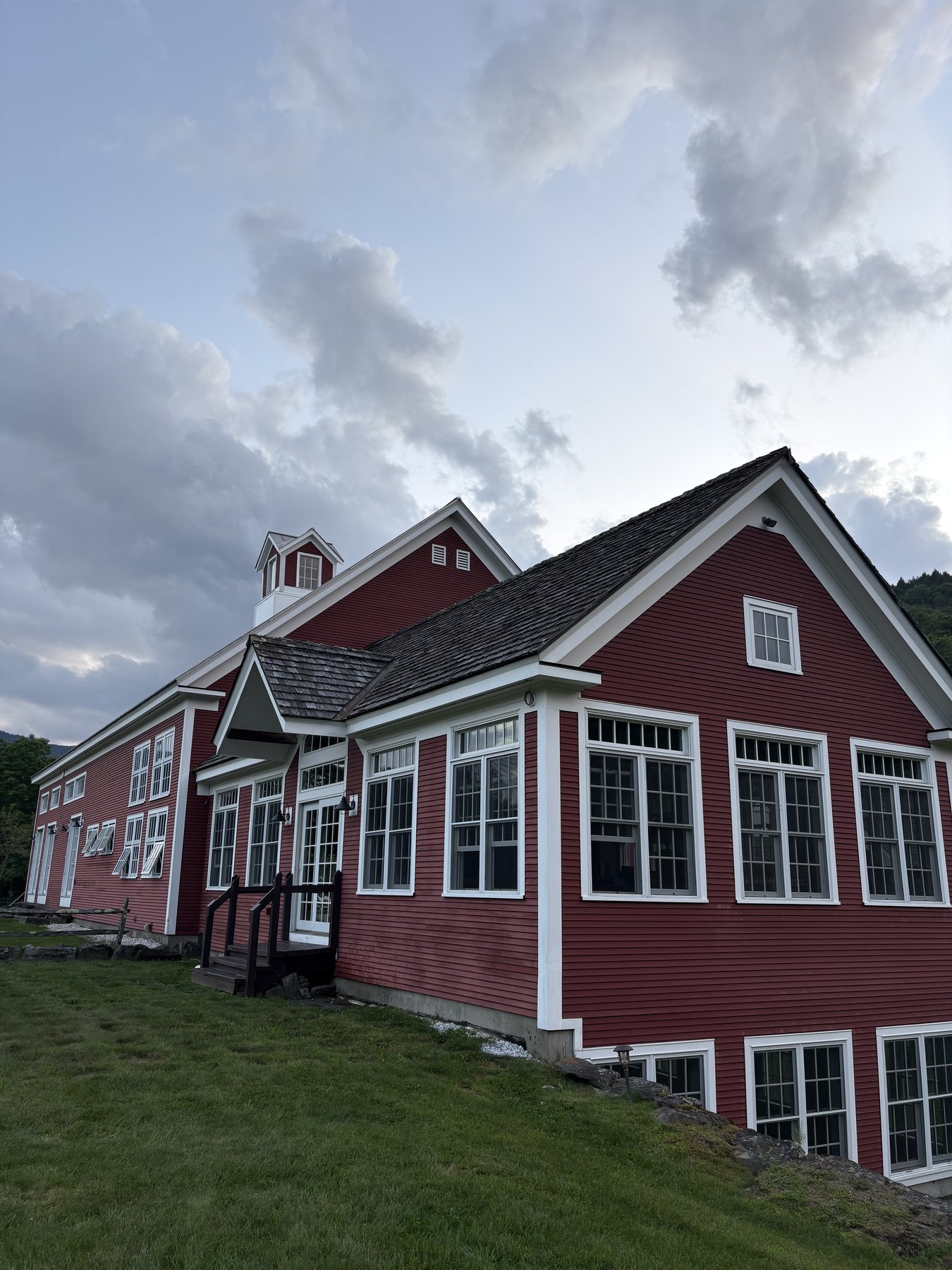 Riverside Farm barn gable at dusk